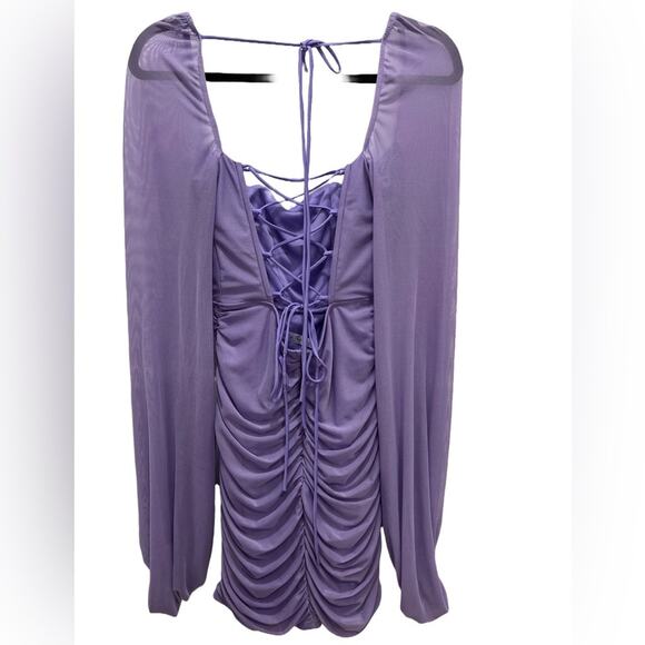 Lucy in the Sky Ruched Bodycon Dress Large Power Mesh Purple Hoco Mini Cocktail - Picture 4 of 11